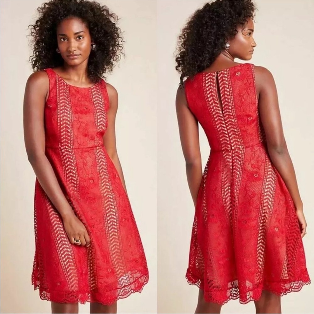 Anthropologie Georgia Red Lace Fit & Flare Sleeveless Dress Size 4